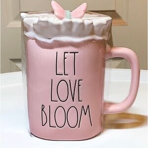NEW Rae Dunn Let Love Bloom Pink Mug Flower & Butterfly Topper